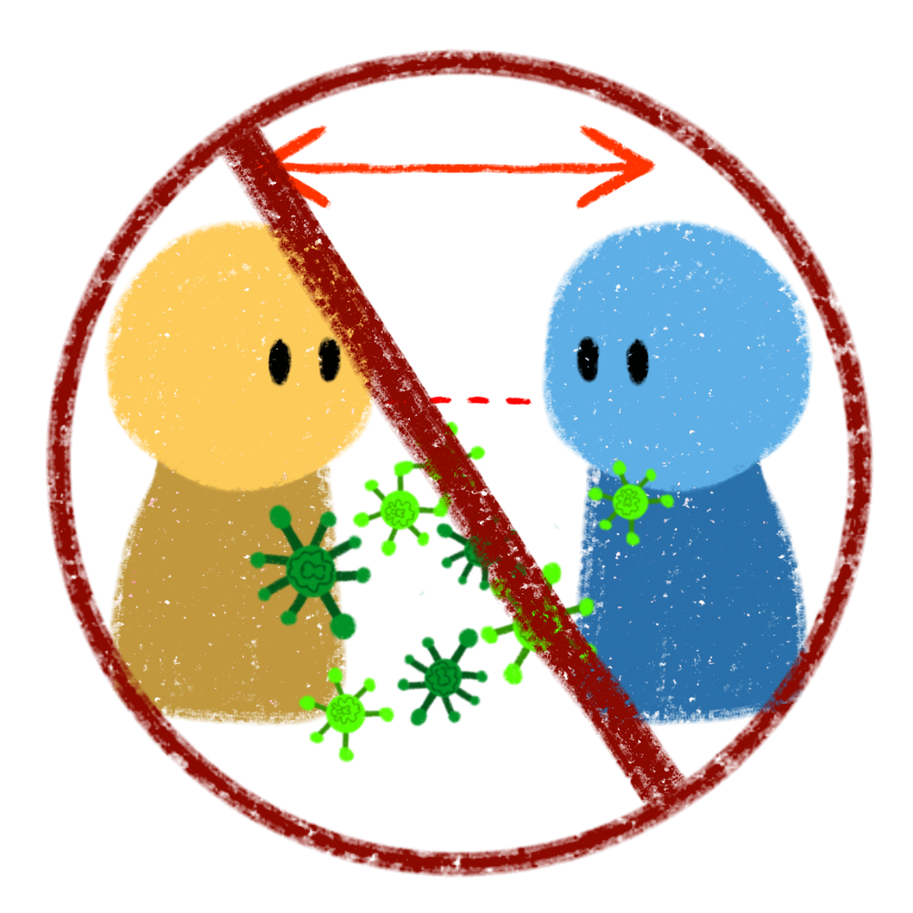  a simple illustration of a red circle with a diagonal line through it, symbolizing a prohibition sign. Inside the circle are two stick figures, one yellow and one blue, facing each other. Between them, there's a dotted line with arrows pointing towards each other, Around the figures, there are several green star-shaped objects, symbolizing viruses. 